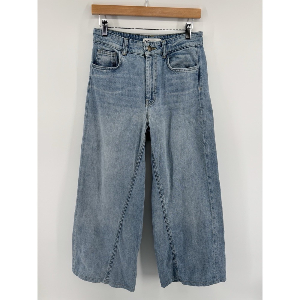 ZARA Wide Leg High Rise Jeans Sz US 6 EUR 38 Med Wash Denim Preppy Festival